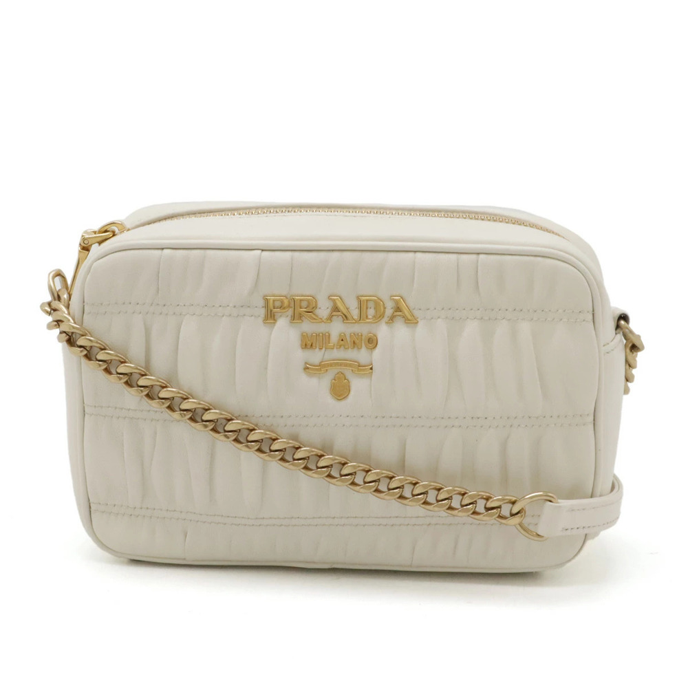 PRADA Nappa Gaufre Gathered Shoulder Bag Chain Clutch Leather Ivory White White